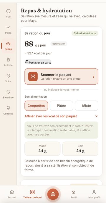 Écran PetShape : scan du paquet de croquettes et ration recalculée